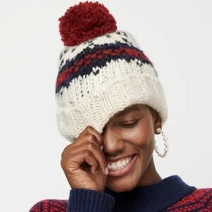 J Crew Hat Beanie Style Wool Acrylic Blend Maroon, Blue & Cream